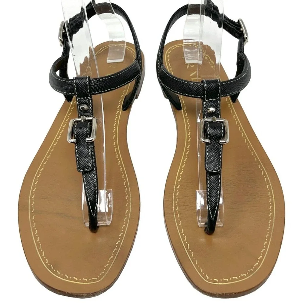Prada Black Saffiano Leather Flat Thong Sandals Ankle Strap EU 38 Made in Italy